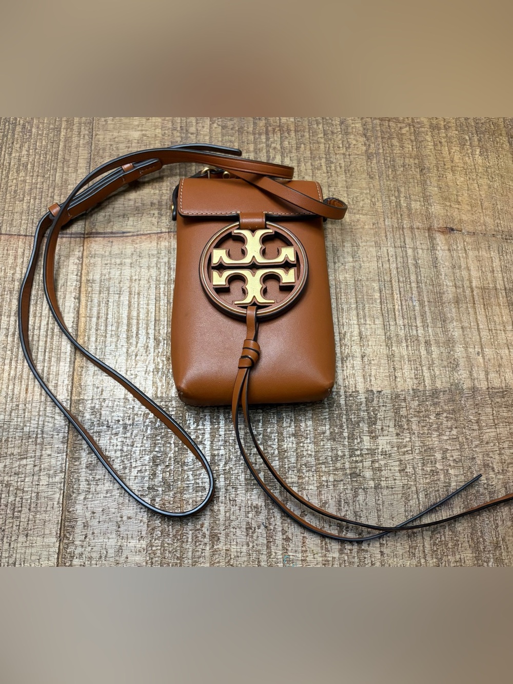 Tory Burch Miller Metal Tan Leather Logo Crossbody Phone Pouch
